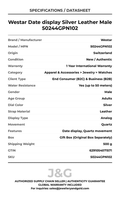 Westar Date display Silver Leather Male 50244GPN102 - Specifications