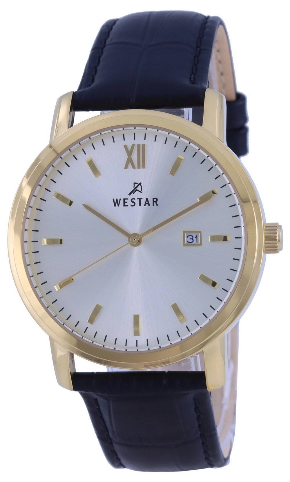 Westar Date display Silver Leather Male 50244GPN102. A brand-new Westar watch featuring a Silver dial and a Leather strap. Front view.
