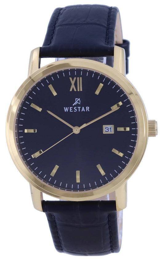 Westar Date display Black Leather Male 50244GPN103. A brand-new Westar watch featuring a Black dial and a Leather strap. Angled view.