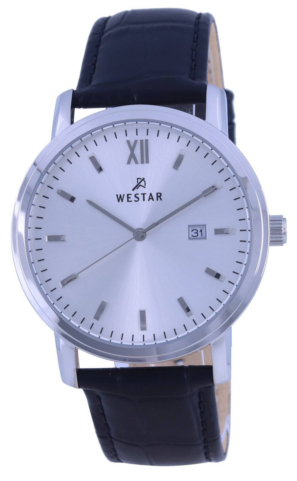 Westar Date display White Leather Male 50244STN107. A brand-new Westar watch featuring a White dial and a Leather strap. Angled view.