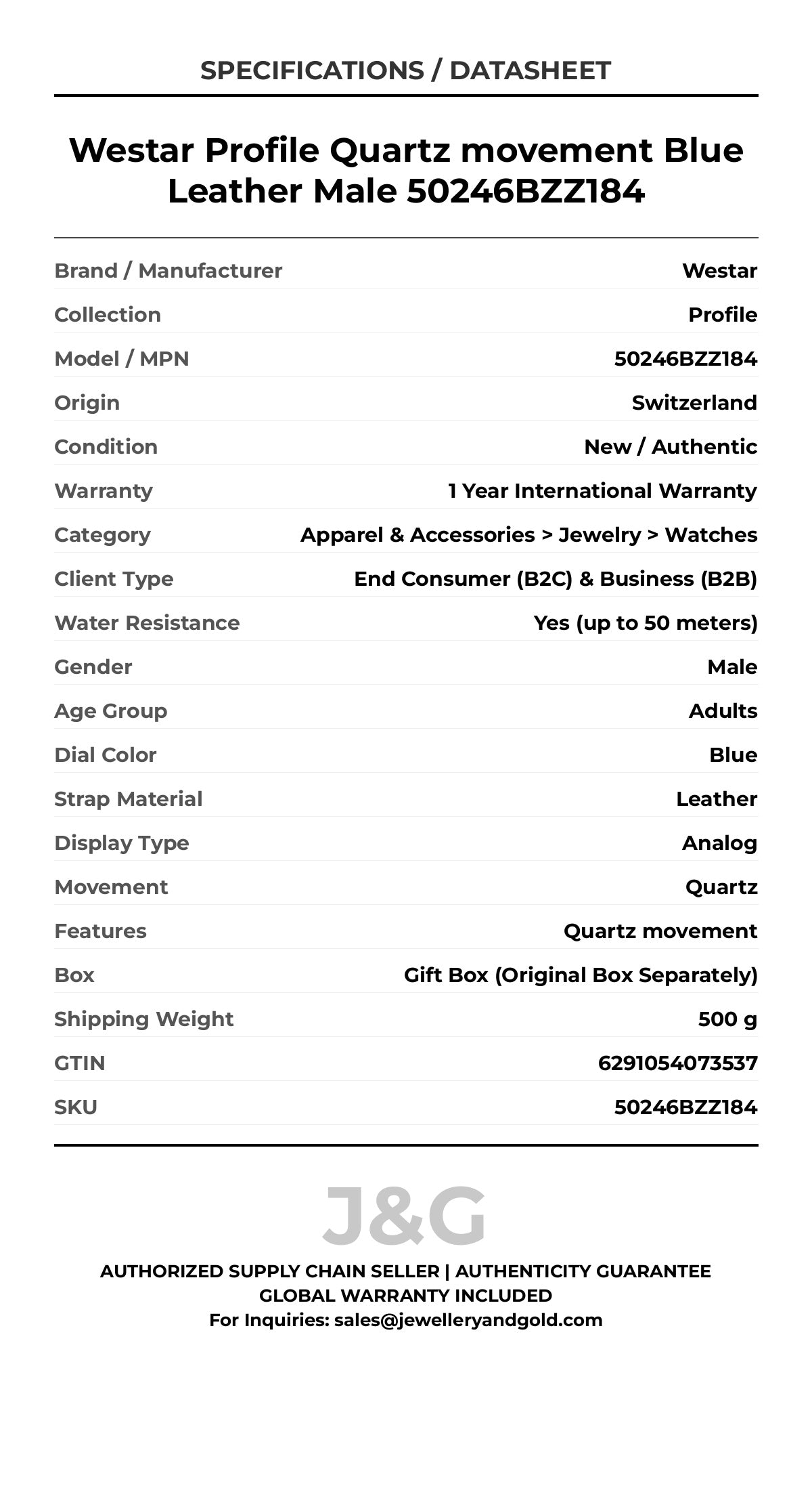 Westar Profile Quartz movement Blue Leather Male 50246BZZ184 - Specifications
