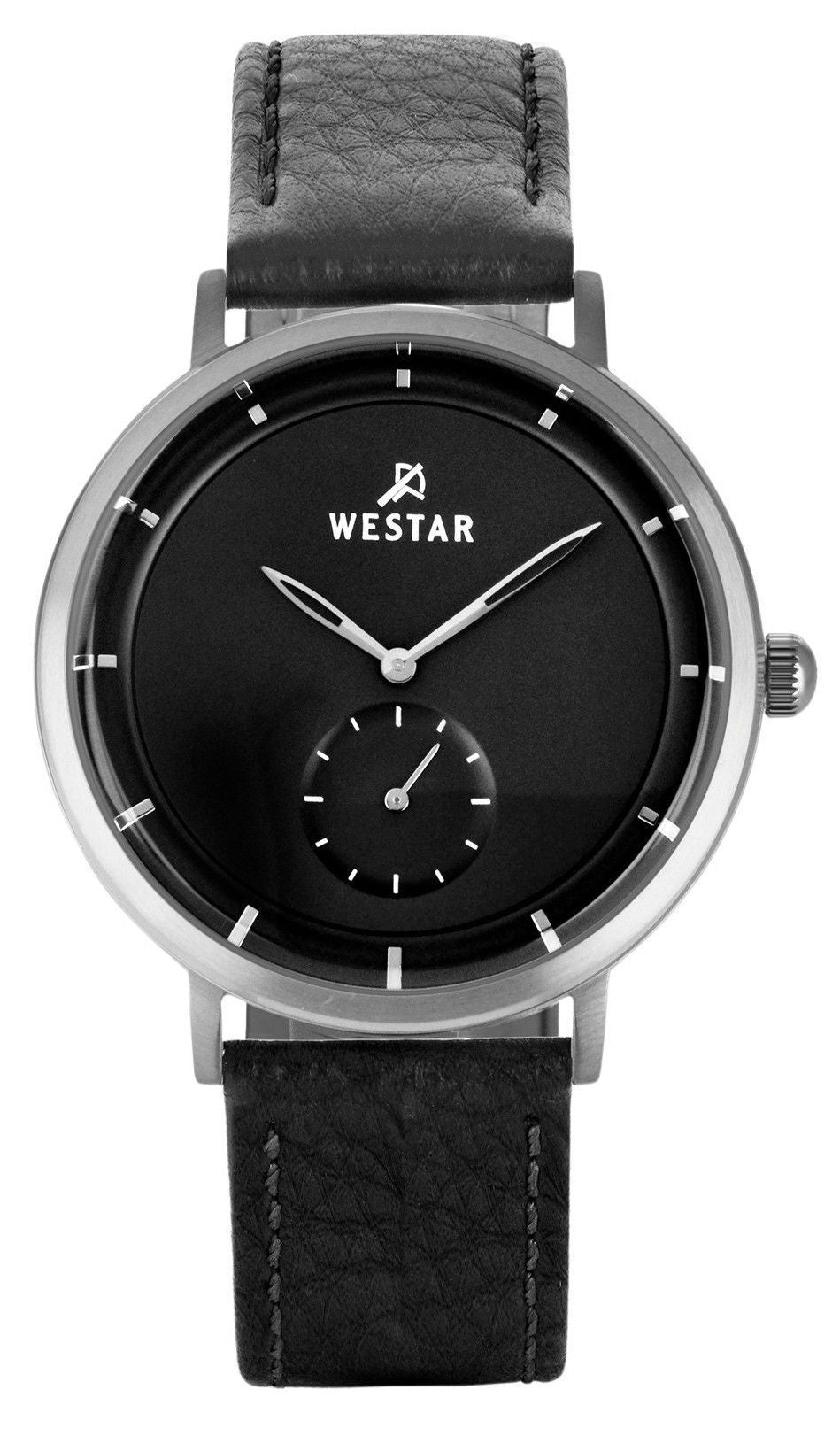 Westar Profile Quartz movement Black Leather Male 50246STN103. A brand-new Westar Profile watch featuring a Black dial and a Leather strap. Side view.
