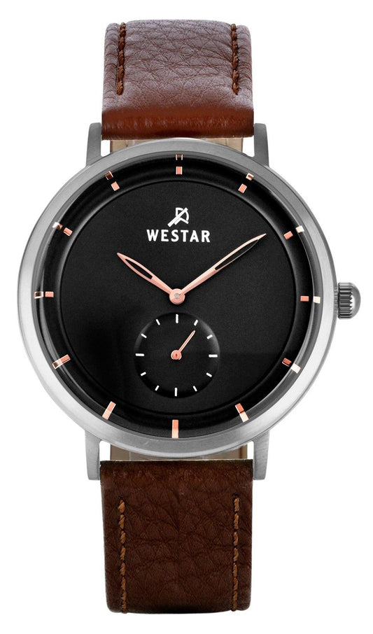 Westar Profile Quartz movement Black Leather Male 50246STN623. A brand-new Westar Profile watch featuring a Black dial and a Leather strap. Side view.