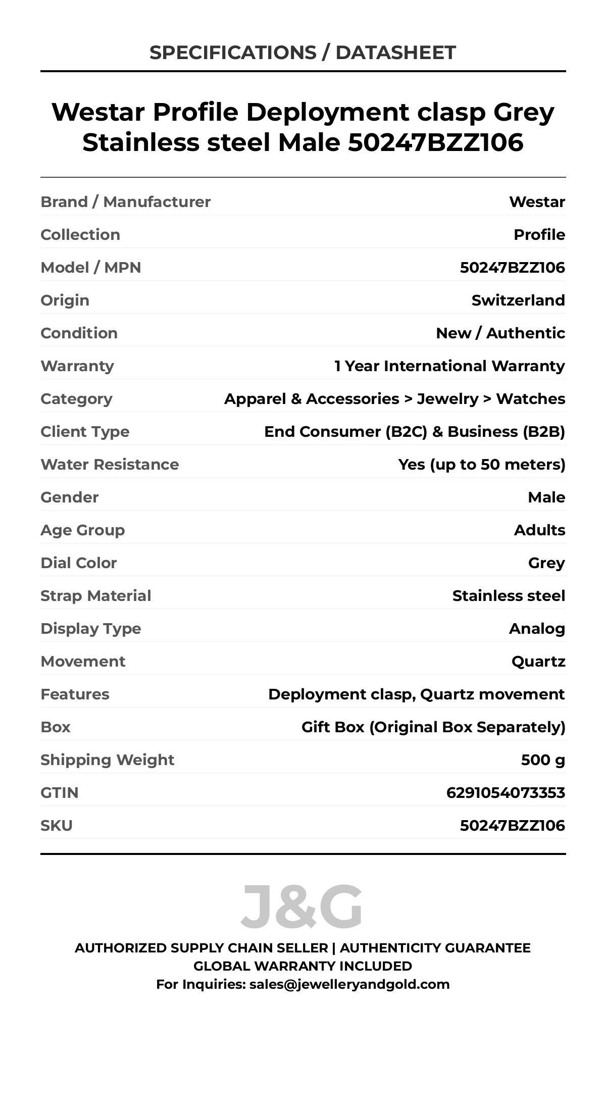 Westar Profile Deployment clasp Grey Stainless steel Male 50247BZZ106 - Specifications