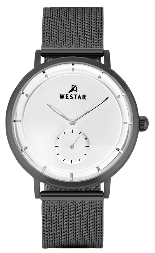 Westar Profile Deployment clasp White Stainless steel Male 50247GGN107. A brand-new Westar Profile watch featuring a White dial and a Stainless steel strap. Angled view.