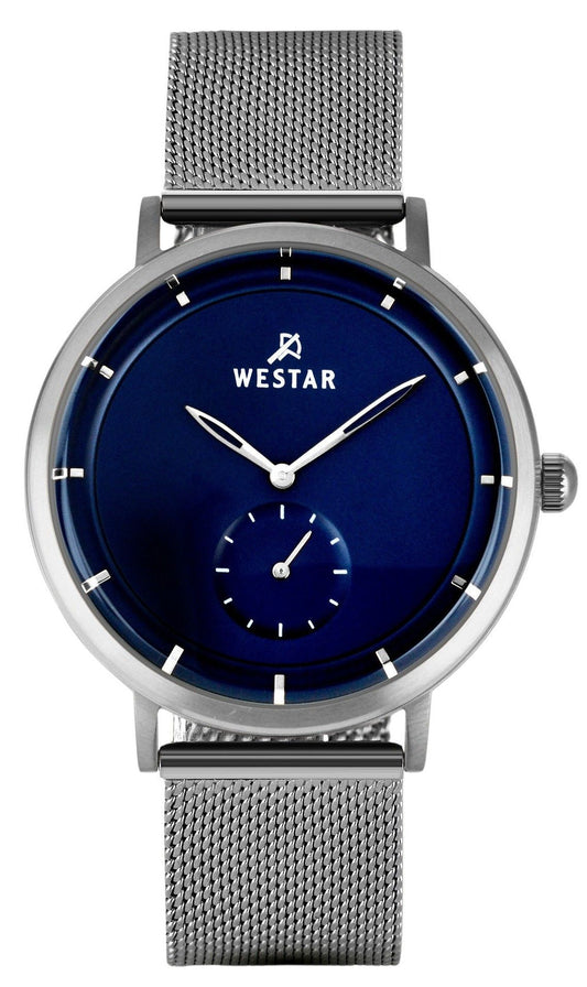 Westar Profile Deployment clasp Blue Stainless steel Male 50247STN104. A brand-new Westar Profile watch featuring a Blue dial and a Stainless steel strap. Front view.