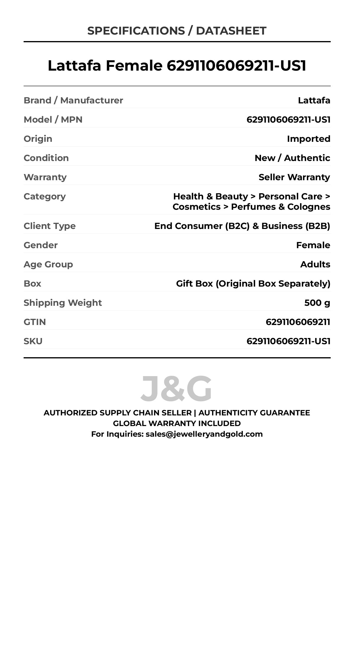 Lattafa Female 6291106069211-US1 - Specifications