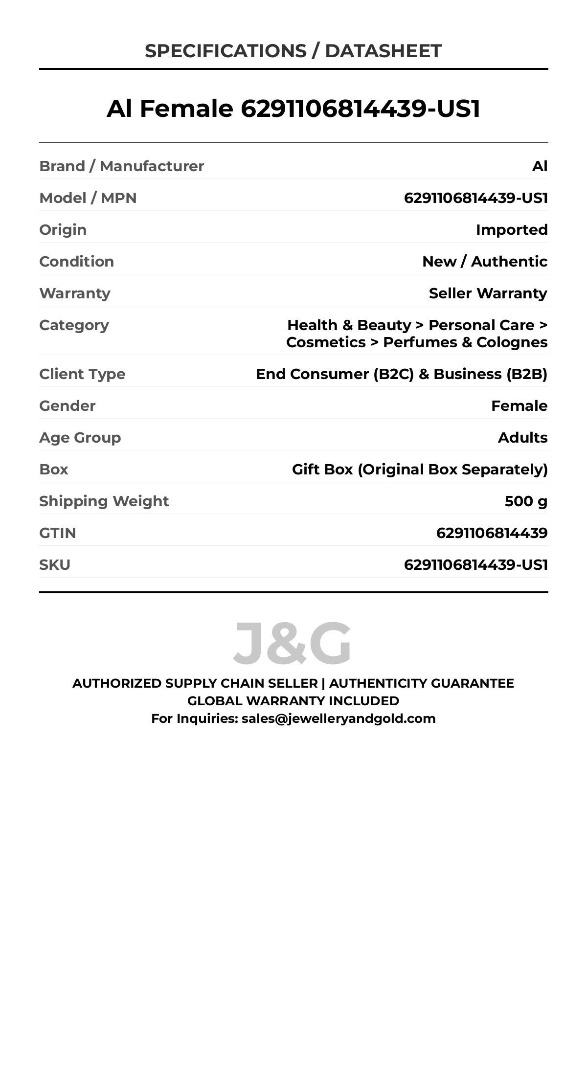 Al Female 6291106814439-US1 - Specifications