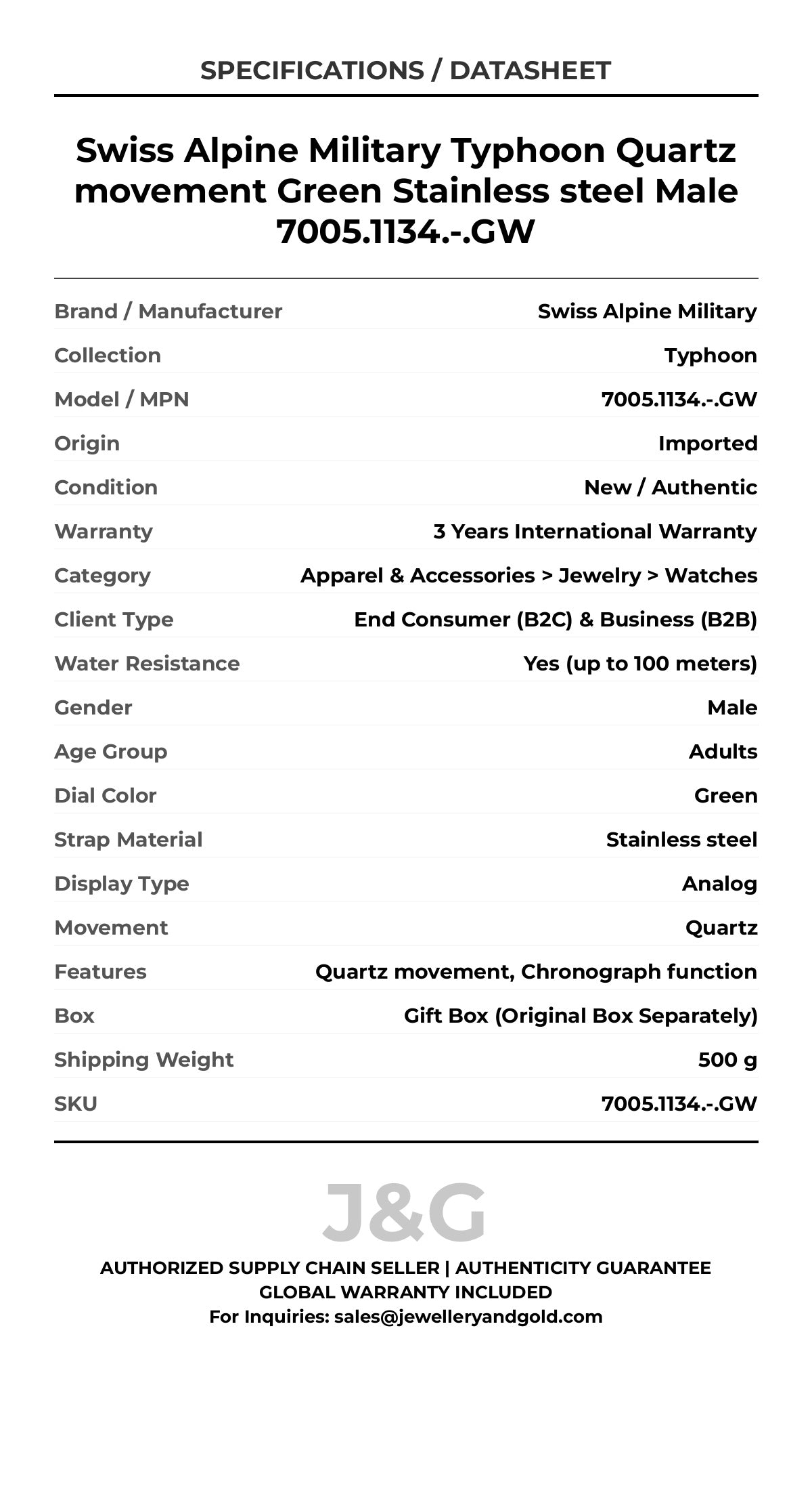 Swiss Alpine Military Typhoon Quartz movement Green Stainless steel Male 7005.1134.-.GW - Specifications
