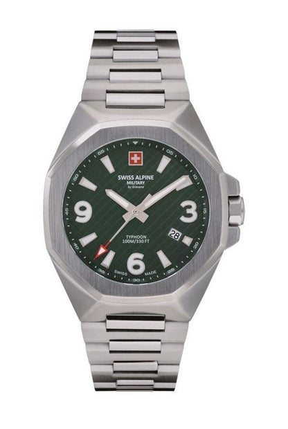 Swiss Alpine Military Typhoon Quartz movement Green Stainless steel Male 7005.1134.-.GW. A brand-new Swiss Alpine Military Typhoon watch featuring a Green dial and a Stainless steel strap. Front view.