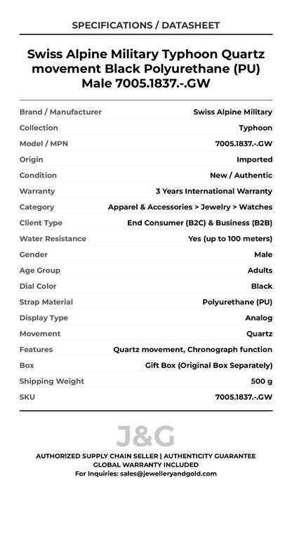 Swiss Alpine Military Typhoon Quartz movement Black Polyurethane (PU) Male 7005.1837.-.GW - Specifications