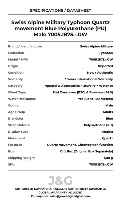 Swiss Alpine Military Typhoon Quartz movement Blue Polyurethane (PU) Male 7005.1875.-.GW - Specifications