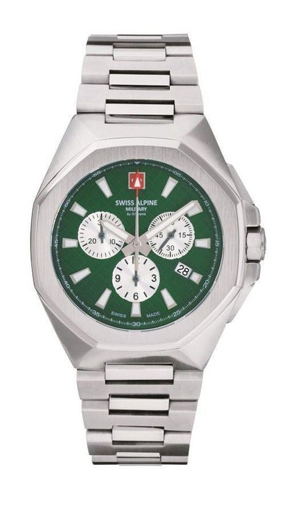 Swiss Alpine Military Typhoon Quartz movement Green Stainless steel Male 7005.9134.-.GW. A brand-new Swiss Alpine Military Typhoon watch featuring a Green dial and a Stainless steel strap. Front view.