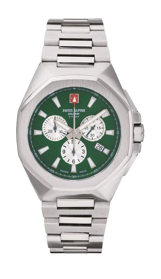 Swiss Alpine Military Typhoon Quartz movement Green Stainless steel Male 7005.9134.-.GW. A brand-new Swiss Alpine Military Typhoon watch featuring a Green dial and a Stainless steel strap. Front view.