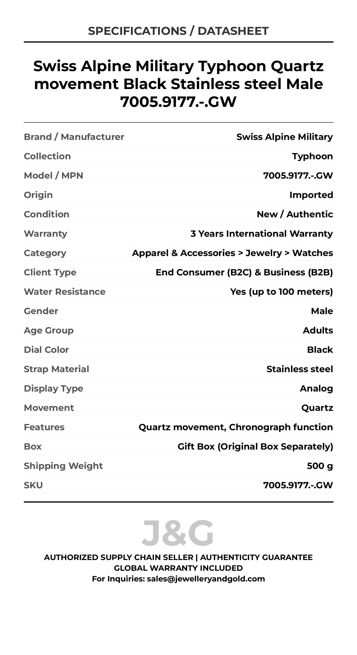 Swiss Alpine Military Typhoon Quartz movement Black Stainless steel Male 7005.9177.-.GW - Specifications