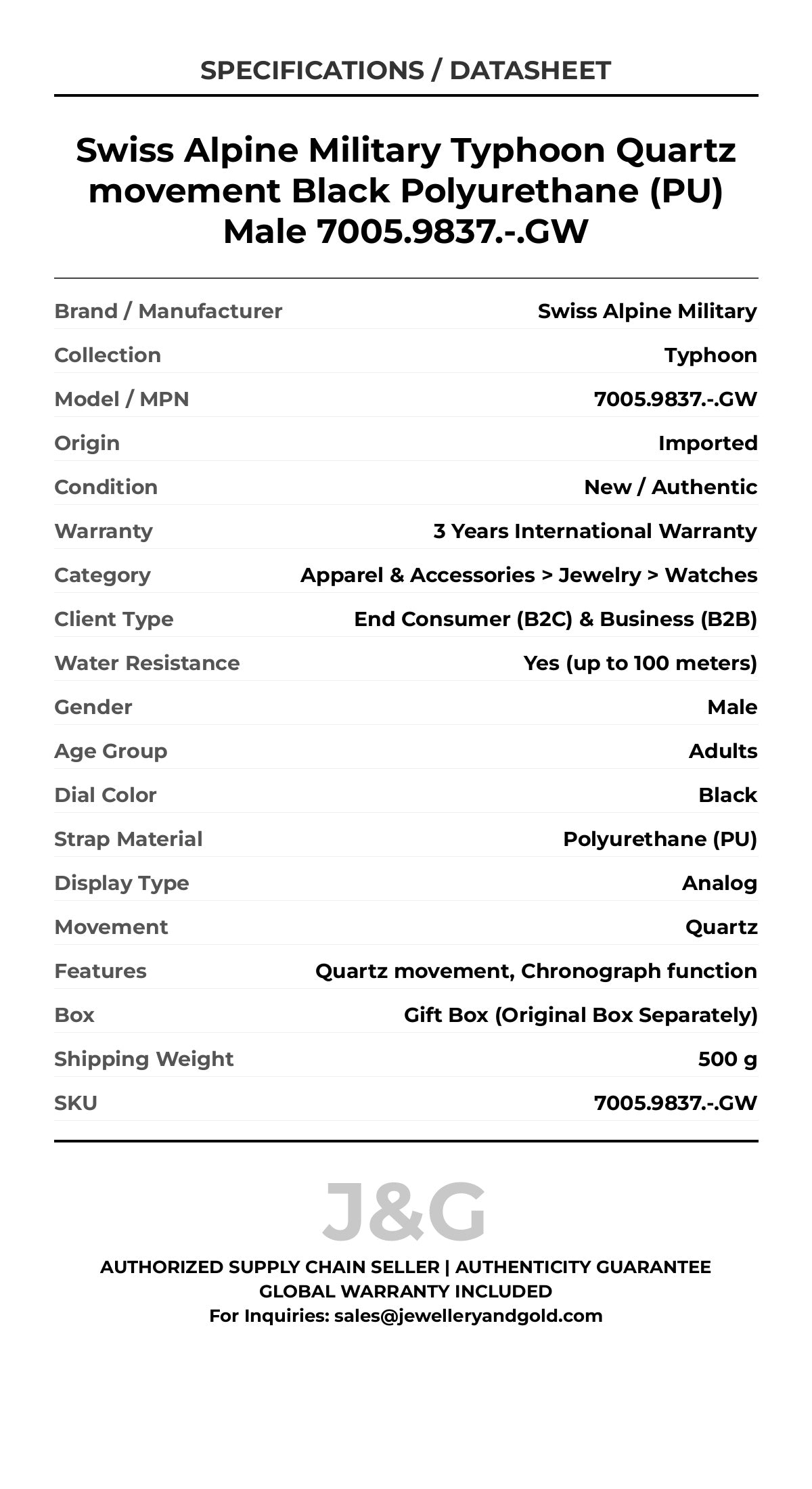 Swiss Alpine Military Typhoon Quartz movement Black Polyurethane (PU) Male 7005.9837.-.GW - Specifications