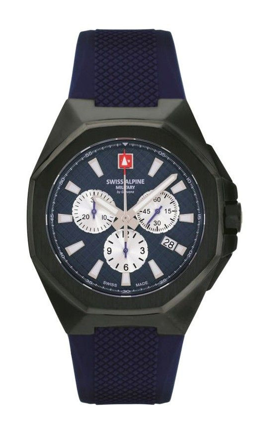 Swiss Alpine Military Typhoon Quartz movement Blue Polyurethane (PU) Male 7005.9875.-.GW. A brand-new Swiss Alpine Military Typhoon watch featuring a Blue dial and a Polyurethane (PU) strap. Front view.