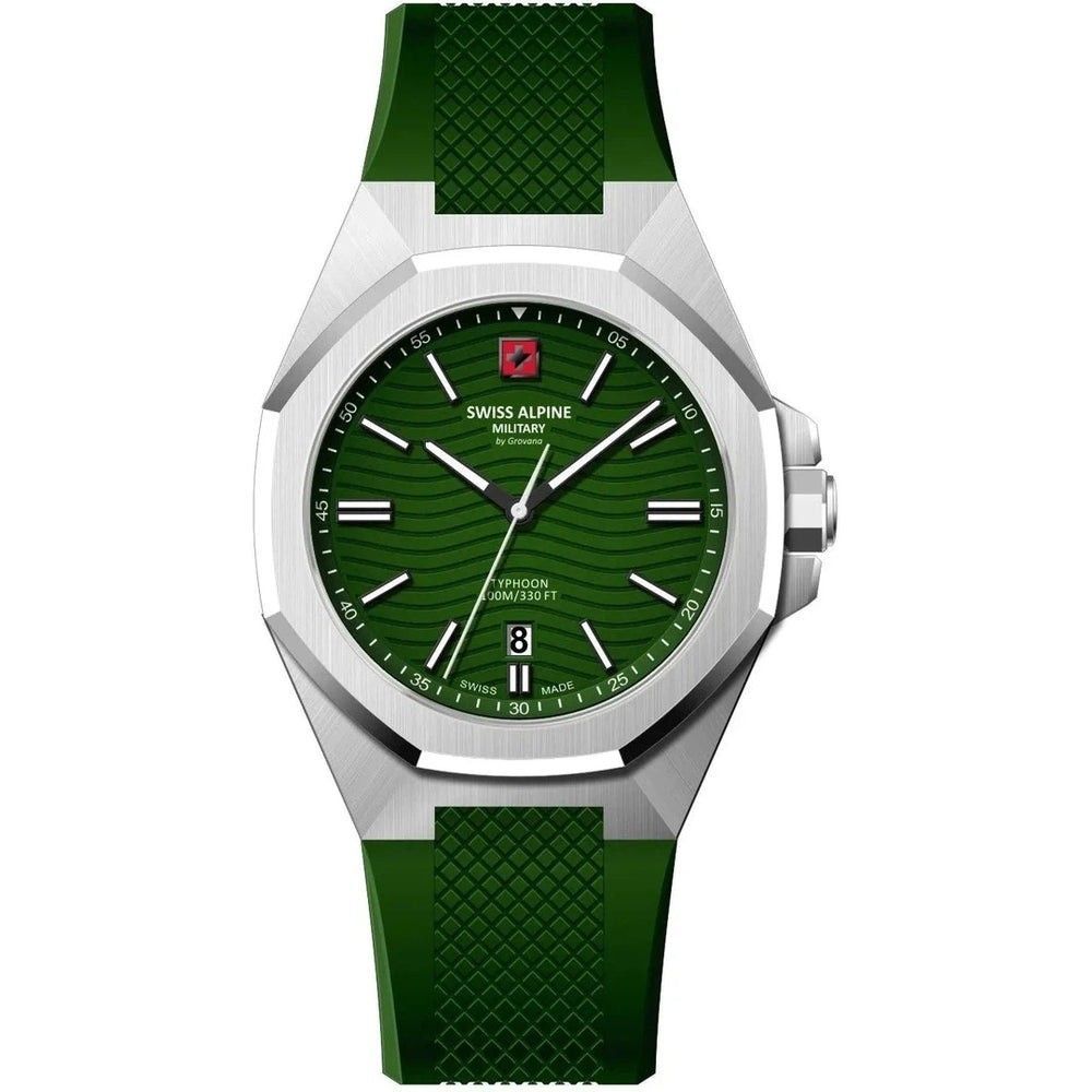 Swiss Alpine Military Typhoon Quartz movement Green Silicone Male 7006.1834.-.GW. A brand-new Swiss Alpine Military Typhoon watch featuring a Green dial and a Silicone strap. Side view.