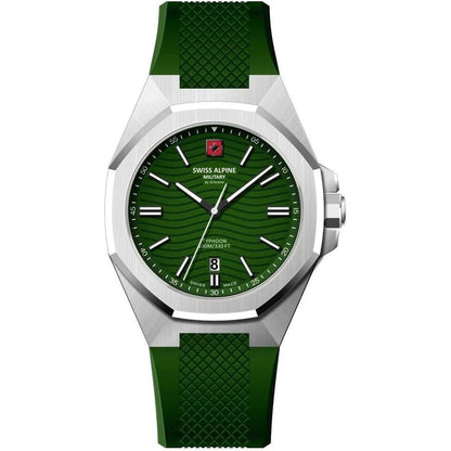 Swiss Alpine Military Typhoon Quartz movement Green Silicone Male 7006.1834.-.GW. A brand-new Swiss Alpine Military Typhoon watch featuring a Green dial and a Silicone strap. Side view.