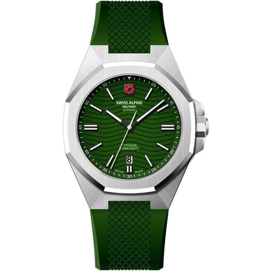 Swiss Alpine Military Typhoon Quartz movement Green Silicone Male 7006.1834.-.GW. A brand-new Swiss Alpine Military Typhoon watch featuring a Green dial and a Silicone strap. Side view.