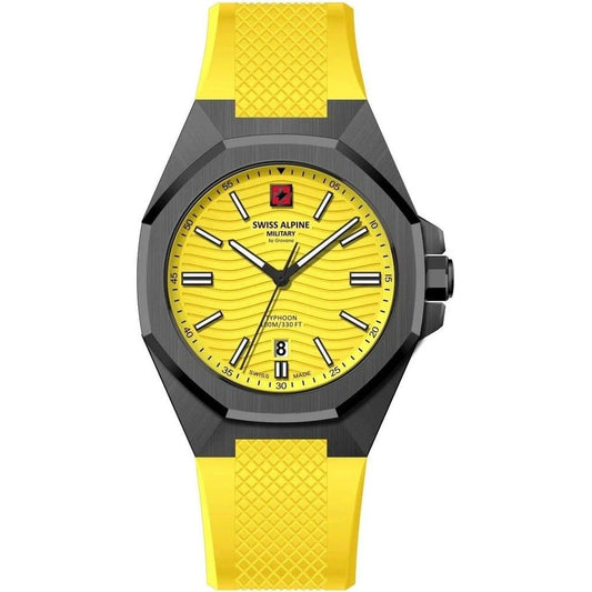 Swiss Alpine Military Typhoon Quartz movement Yellow Silicone Male 7006.1878.-.GW. A brand-new Swiss Alpine Military Typhoon watch featuring a Yellow dial and a Silicone strap. Front view.