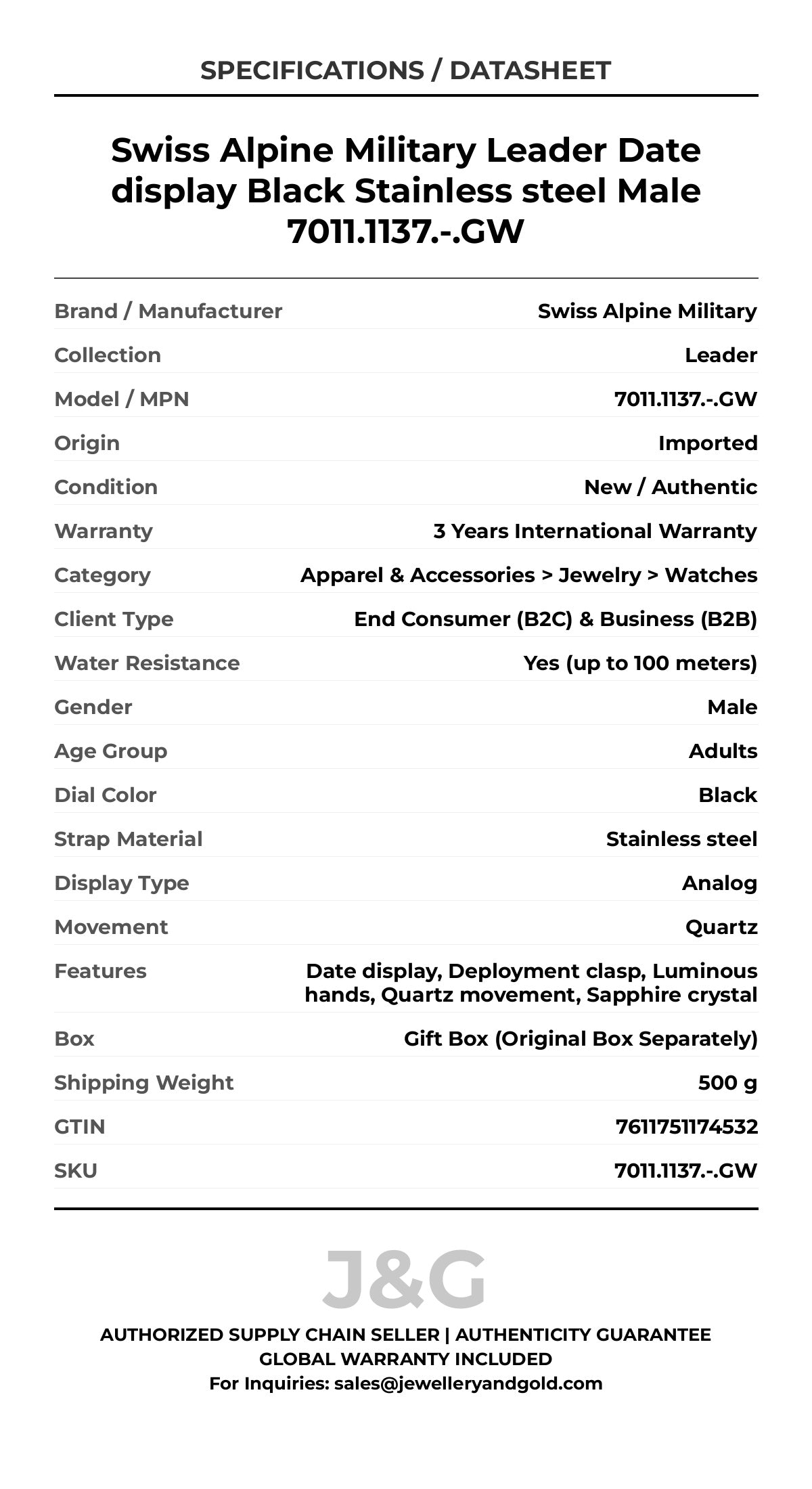 Swiss Alpine Military Leader Date display Black Stainless steel Male 7011.1137.-.GW - Specifications