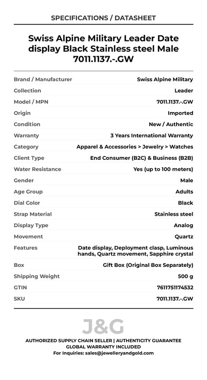 Swiss Alpine Military Leader Date display Black Stainless steel Male 7011.1137.-.GW - Specifications