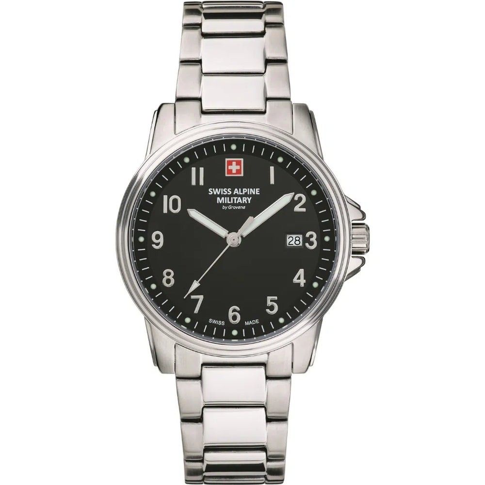 Swiss Alpine Military Leader Date display Black Stainless steel Male 7011.1137.-.GW. A brand-new Swiss Alpine Military Leader watch featuring a Black dial and a Stainless steel strap. Side view.