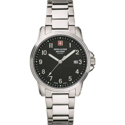 Swiss Alpine Military Leader Date display Black Stainless steel Male 7011.1137.-.GW. A brand-new Swiss Alpine Military Leader watch featuring a Black dial and a Stainless steel strap. Side view.