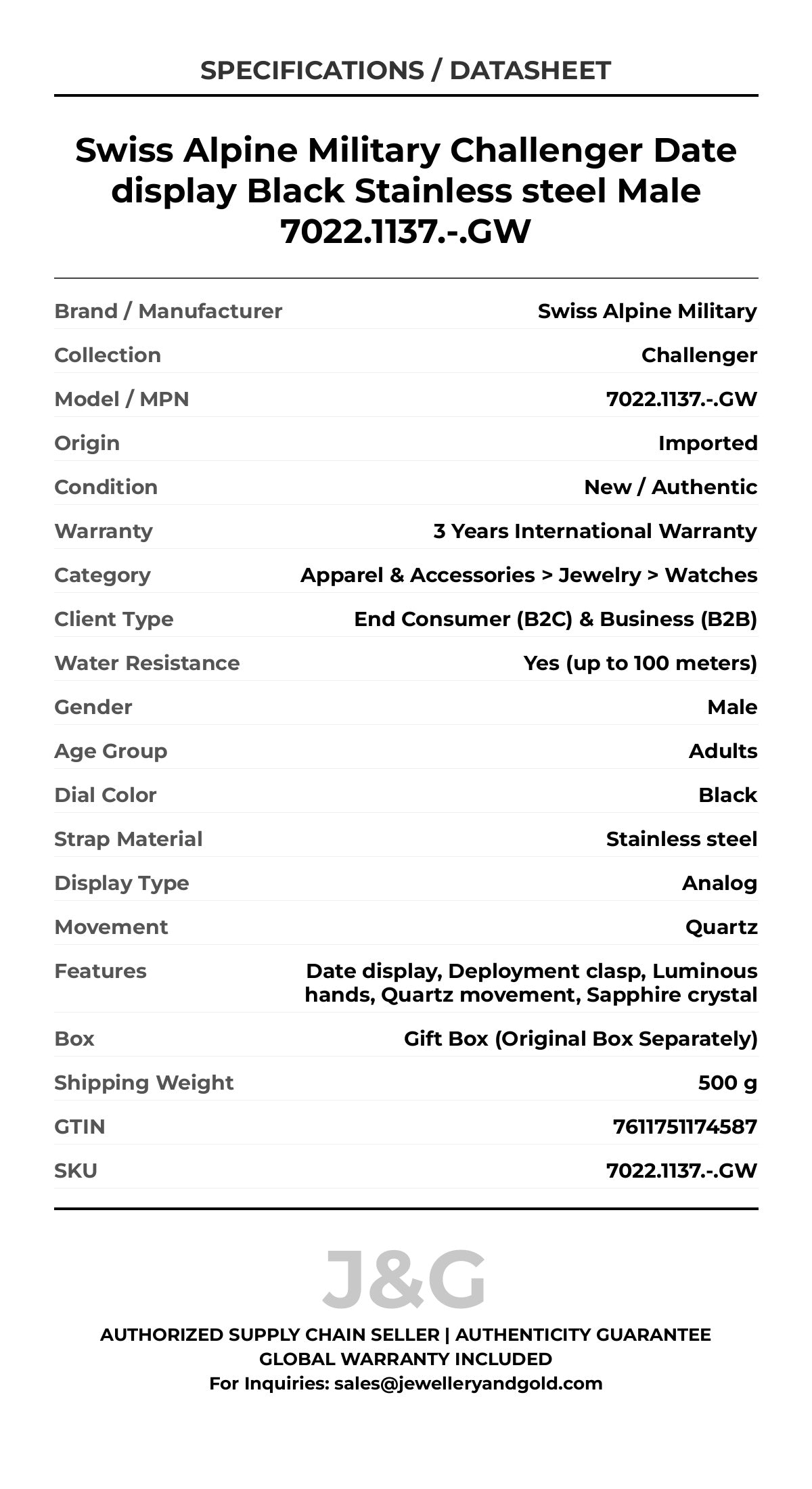 Swiss Alpine Military Challenger Date display Black Stainless steel Male 7022.1137.-.GW - Specifications