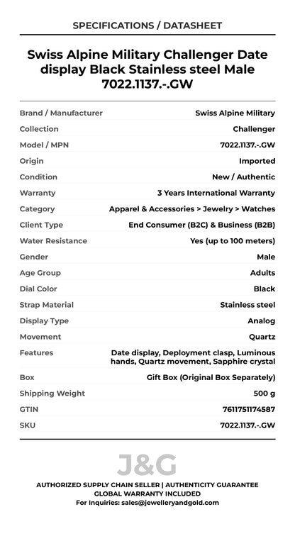 Swiss Alpine Military Challenger Date display Black Stainless steel Male 7022.1137.-.GW - Specifications