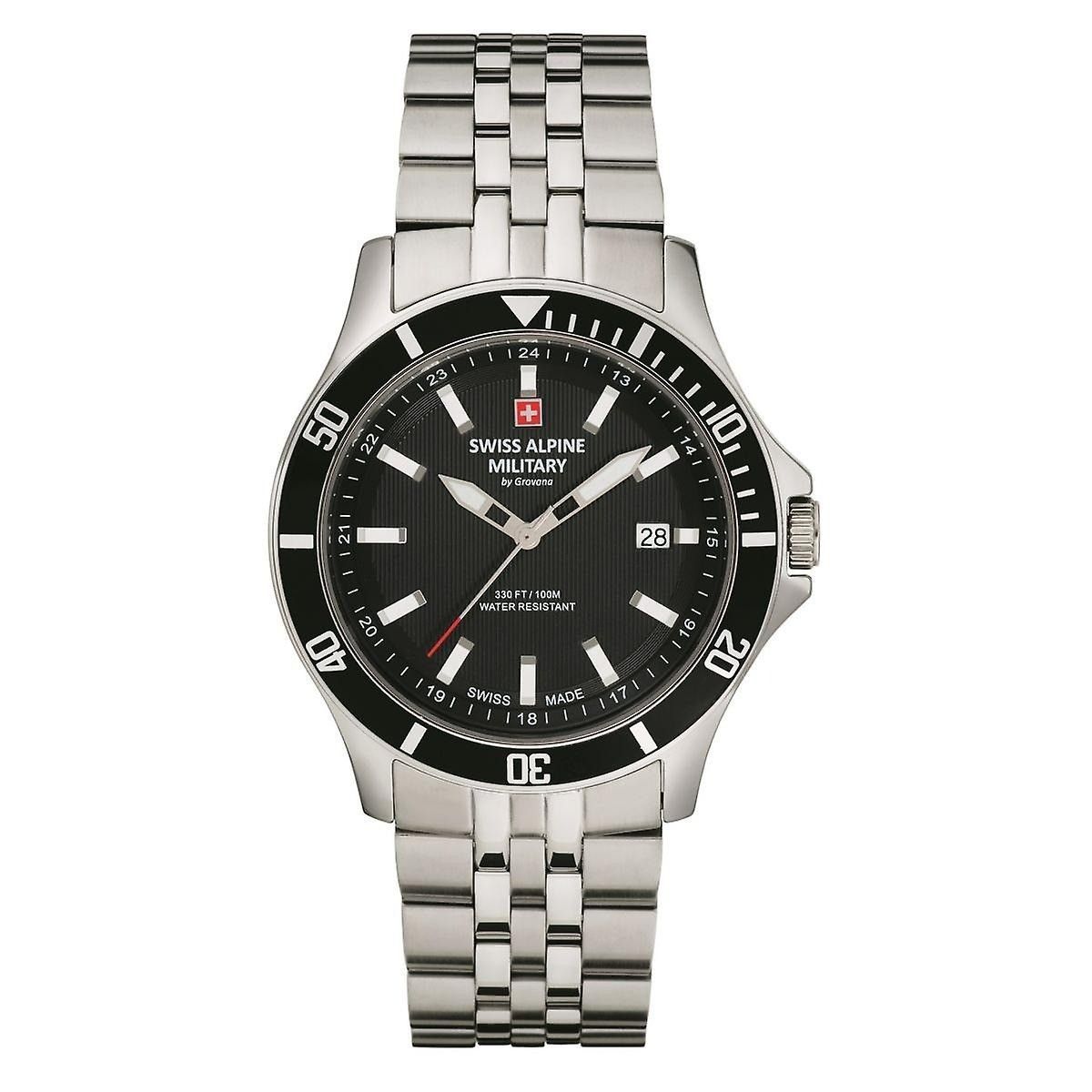 Swiss Alpine Military Challenger Date display Black Stainless steel Male 7022.1137.-.GW. A brand-new Swiss Alpine Military Challenger watch featuring a Black dial and a Stainless steel strap. Side view.