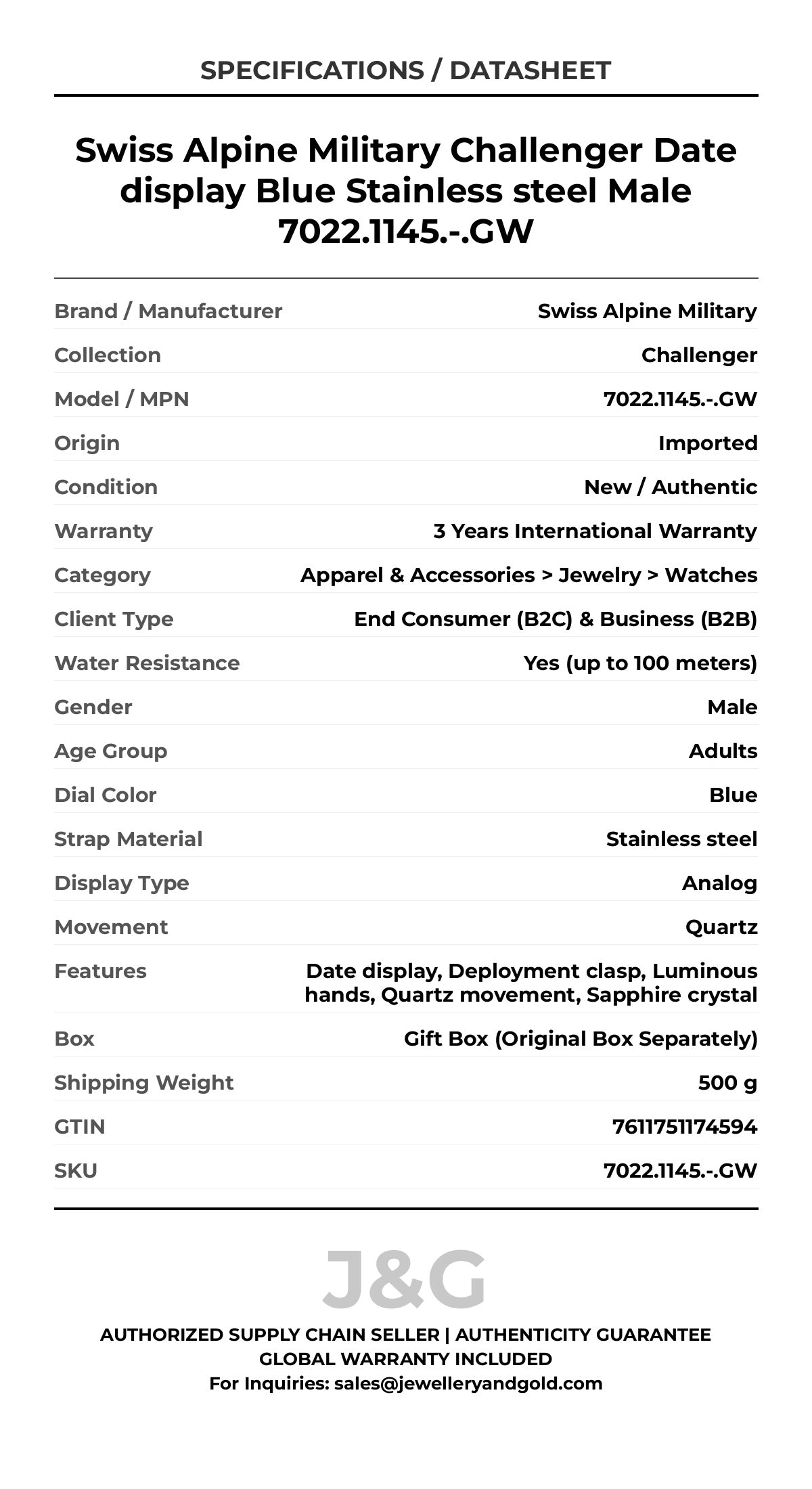 Swiss Alpine Military Challenger Date display Blue Stainless steel Male 7022.1145.-.GW - Specifications