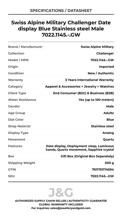 Swiss Alpine Military Challenger Date display Blue Stainless steel Male 7022.1145.-.GW - Specifications