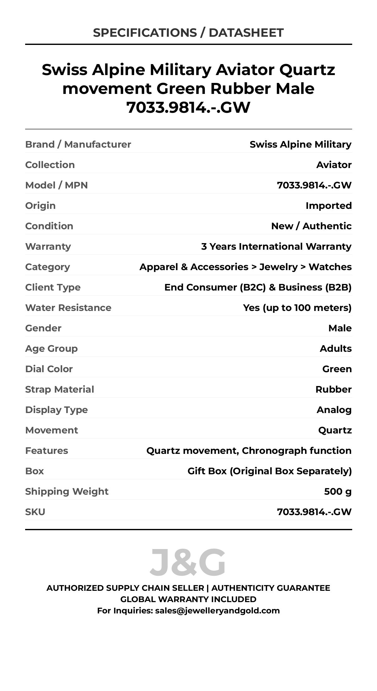 Swiss Alpine Military Aviator Quartz movement Green Rubber Male 7033.9814.-.GW - Specifications