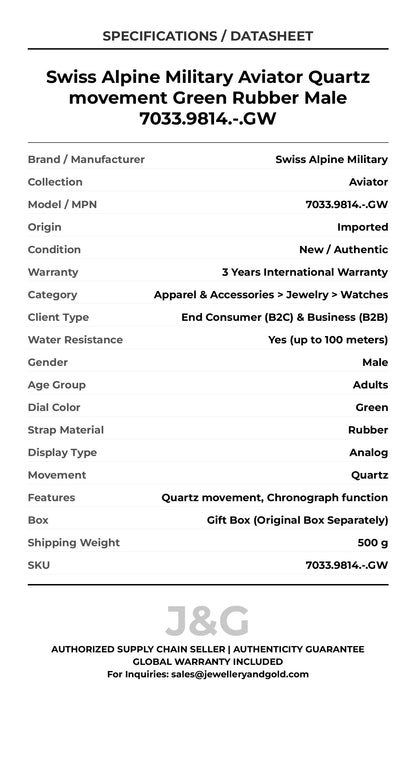 Swiss Alpine Military Aviator Quartz movement Green Rubber Male 7033.9814.-.GW - Specifications