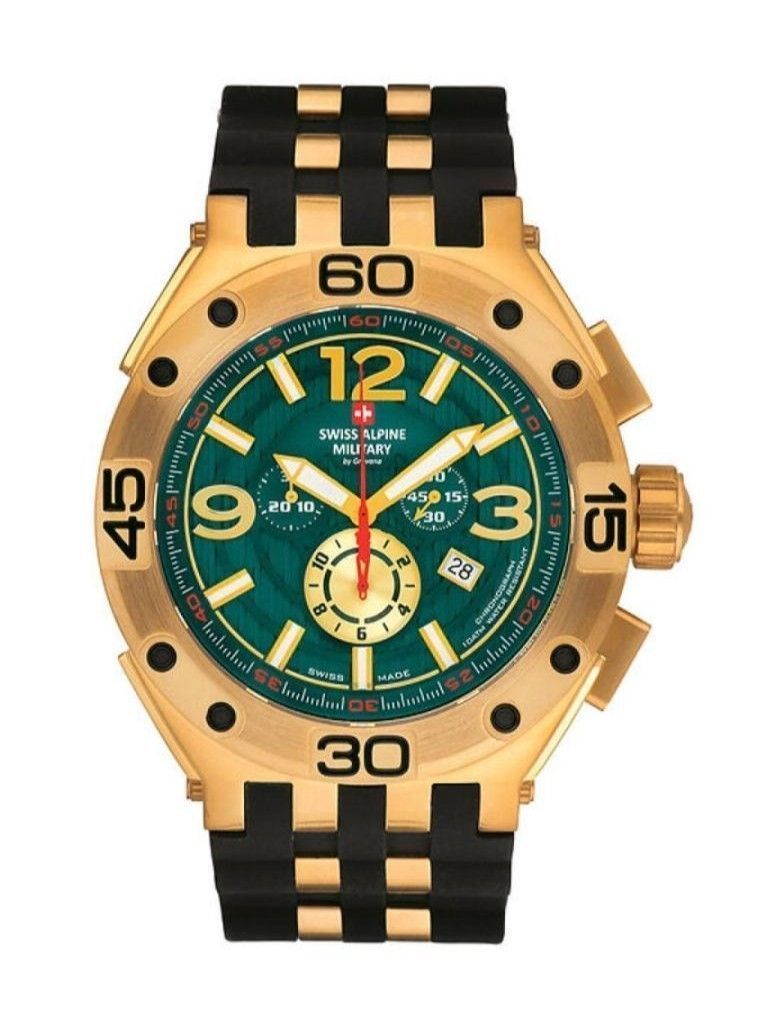 Swiss Alpine Military Aviator Quartz movement Green Rubber Male 7033.9814.-.GW. A brand-new Swiss Alpine Military Aviator watch featuring a Green dial and a Rubber strap. Front view.