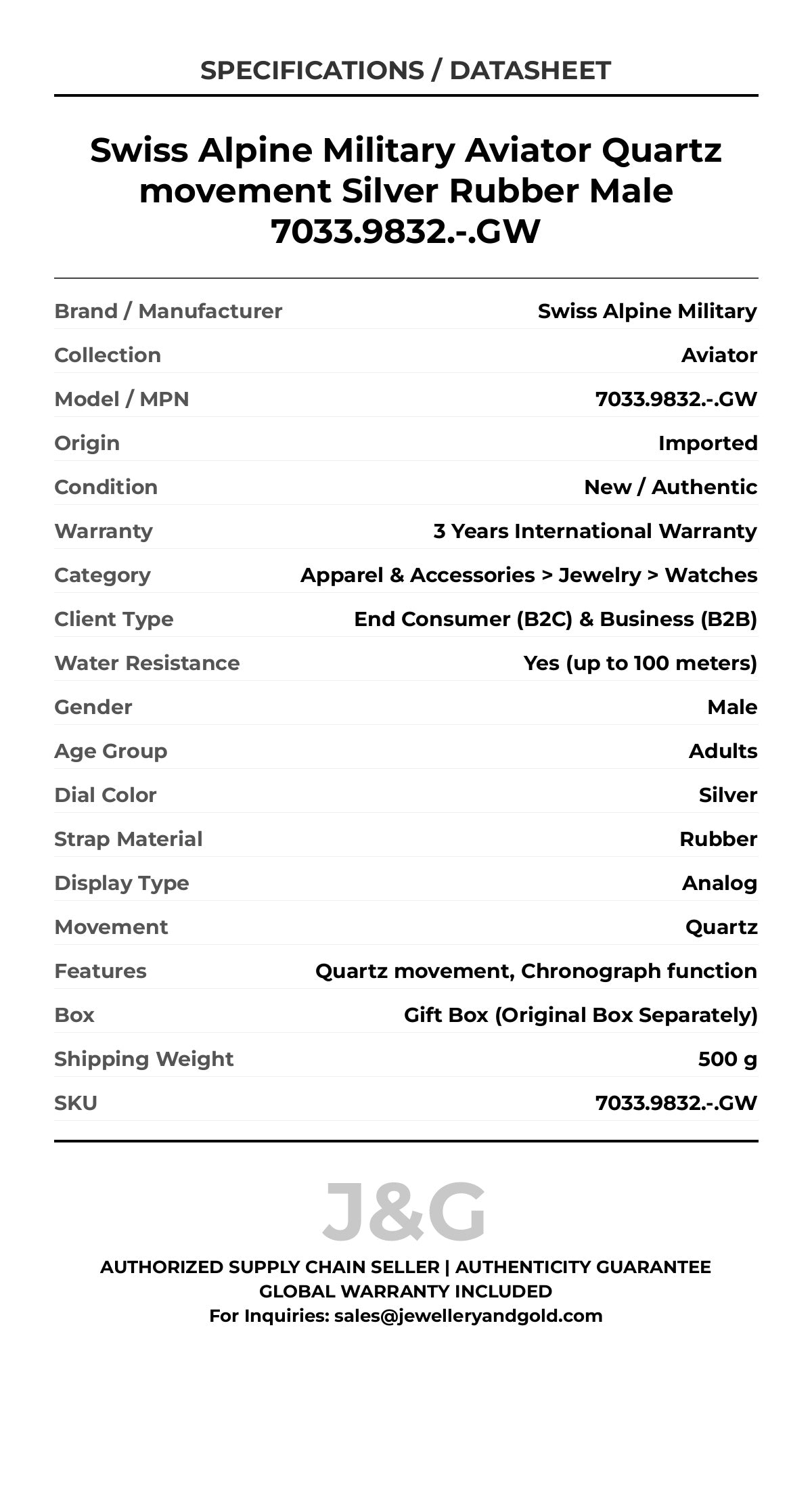 Swiss Alpine Military Aviator Quartz movement Silver Rubber Male 7033.9832.-.GW - Specifications