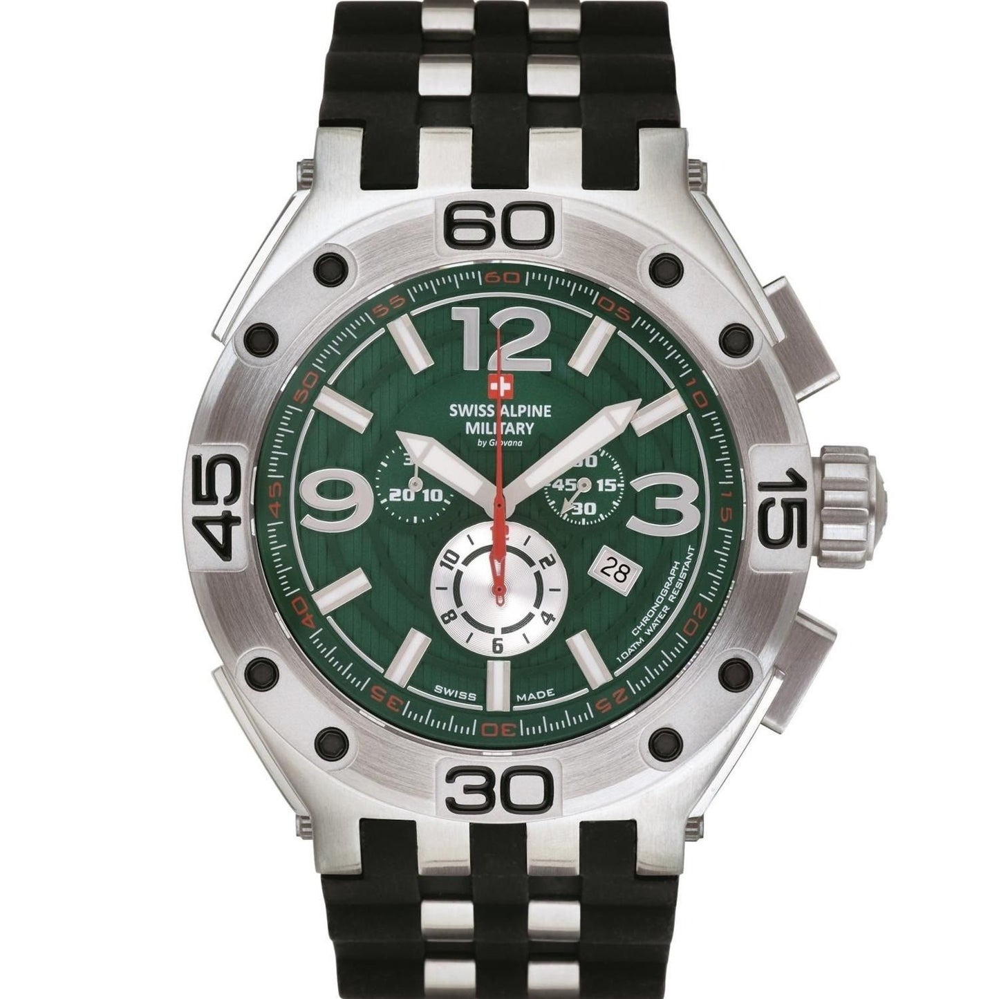 Swiss Alpine Military Aviator Quartz movement Green Rubber Male 7033.9834.-.GW. A brand-new Swiss Alpine Military Aviator watch featuring a Green dial and a Rubber strap. Side view.