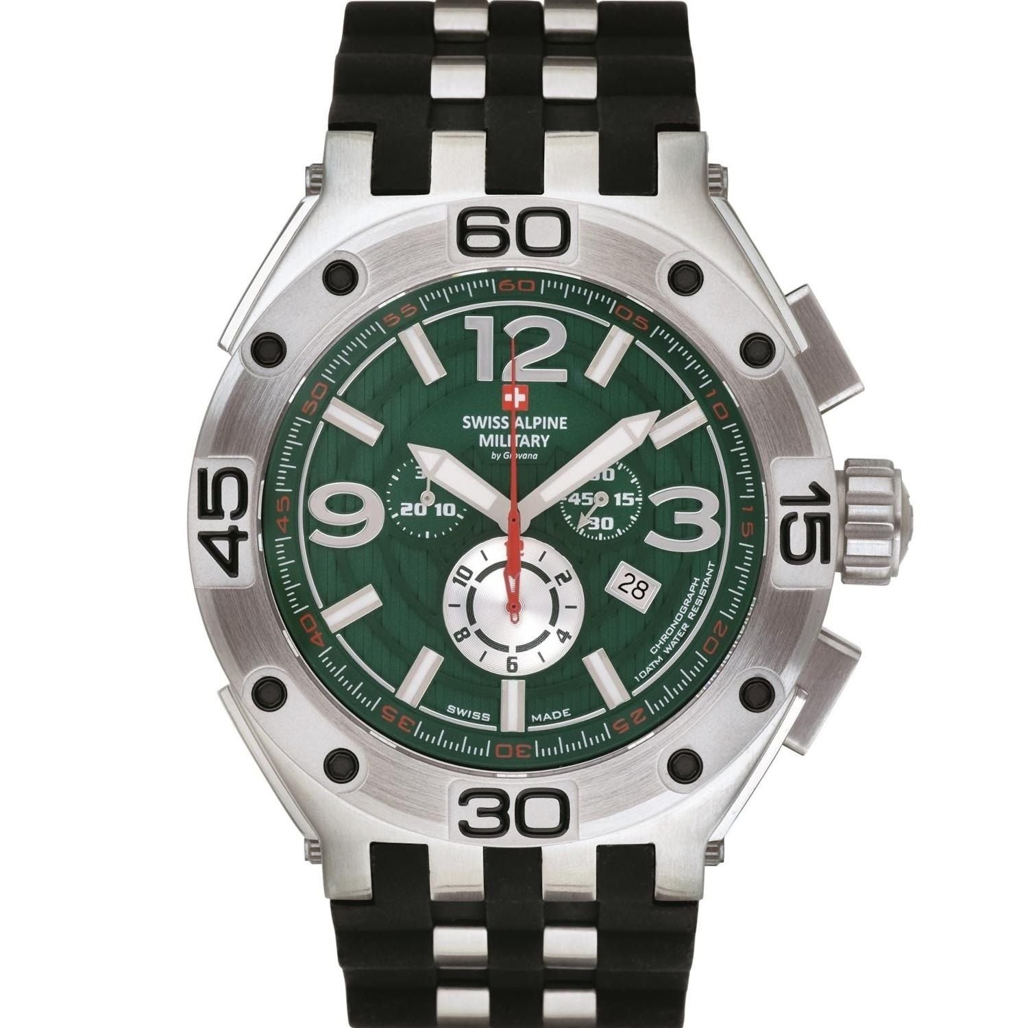 Swiss Alpine Military Aviator Quartz movement Green Rubber Male 7033.9834.-.GW. A brand-new Swiss Alpine Military Aviator watch featuring a Green dial and a Rubber strap. Side view.