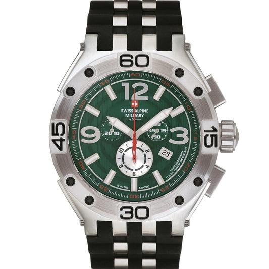 Swiss Alpine Military Aviator Quartz movement Green Rubber Male 7033.9834.-.GW. A brand-new Swiss Alpine Military Aviator watch featuring a Green dial and a Rubber strap. Side view.