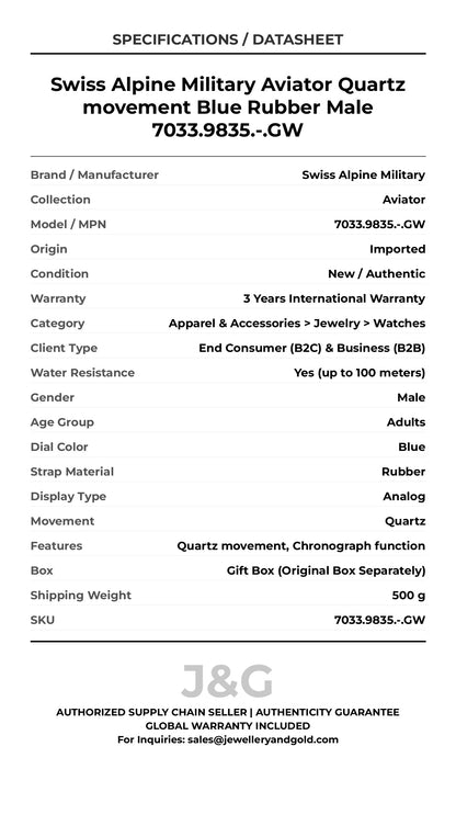 Swiss Alpine Military Aviator Quartz movement Blue Rubber Male 7033.9835.-.GW - Specifications