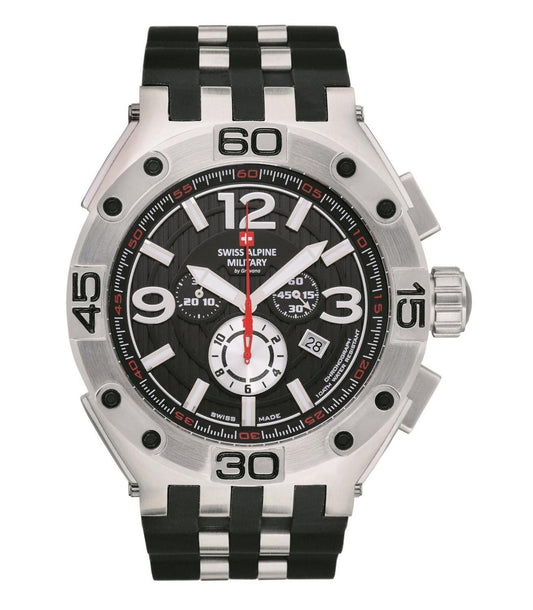 Swiss Alpine Military Aviator Luminous hands Black Rubber Male 7033.9837.-.GW. A brand-new Swiss Alpine Military Aviator watch featuring a Black dial and a Rubber strap. Side view.