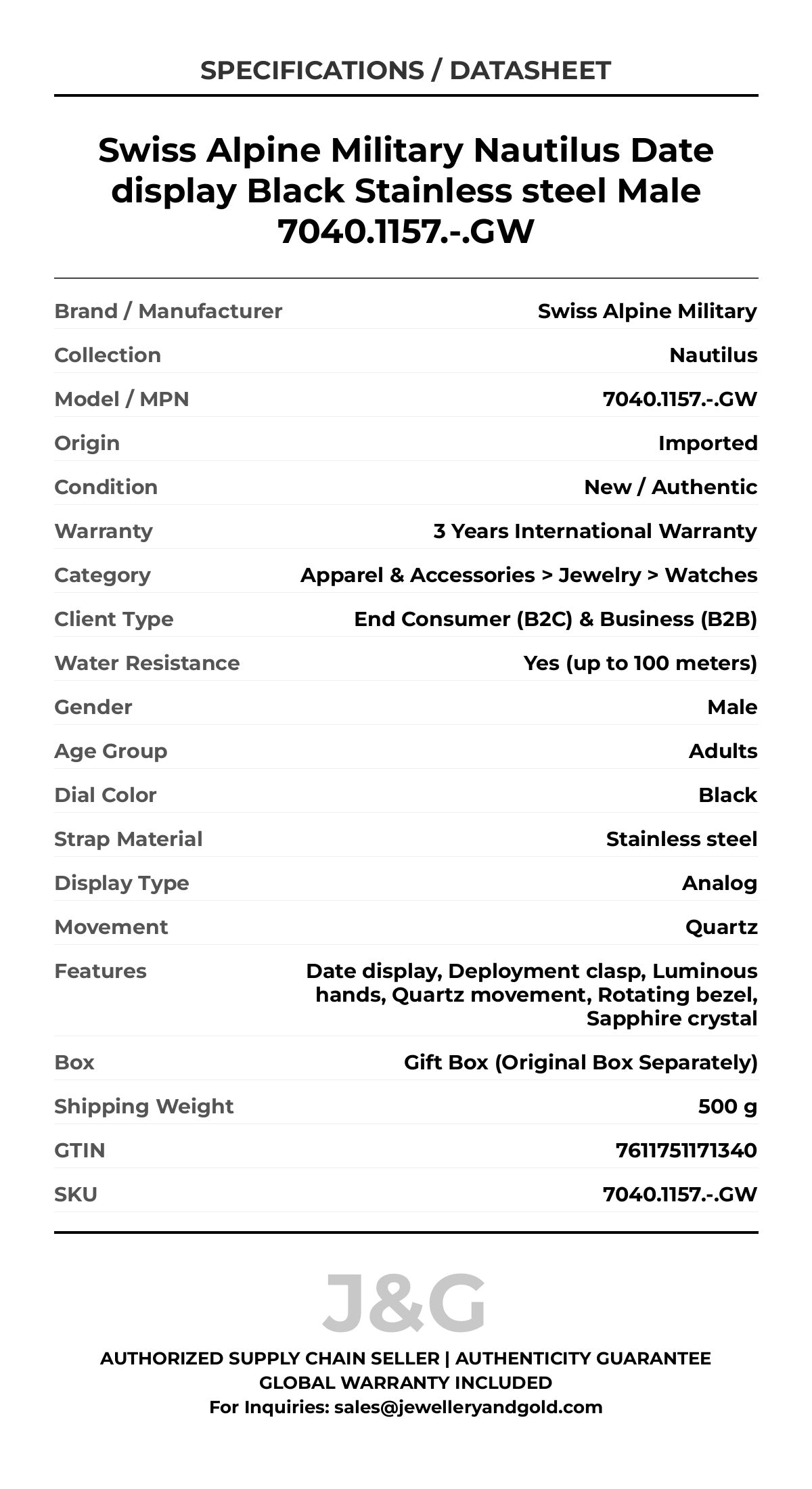 Swiss Alpine Military Nautilus Date display Black Stainless steel Male 7040.1157.-.GW - Specifications