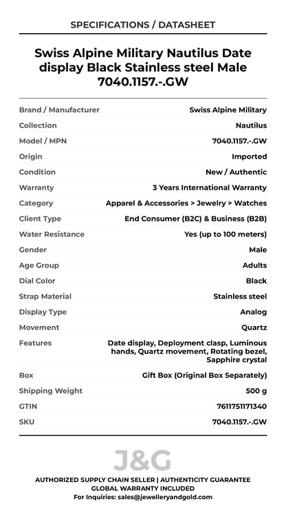 Swiss Alpine Military Nautilus Date display Black Stainless steel Male 7040.1157.-.GW - Specifications