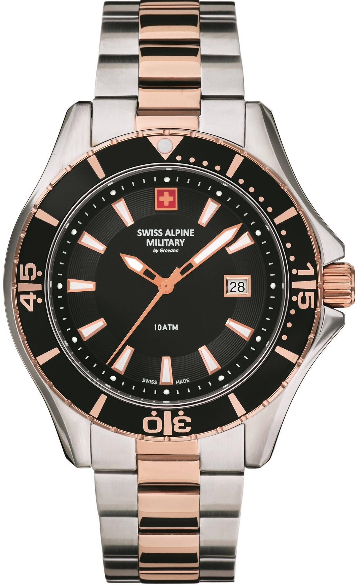 Swiss Alpine Military Nautilus Date display Black Stainless steel Male 7040.1157.-.GW. A brand-new Swiss Alpine Military Nautilus watch featuring a Black dial and a Stainless steel strap. Front view.