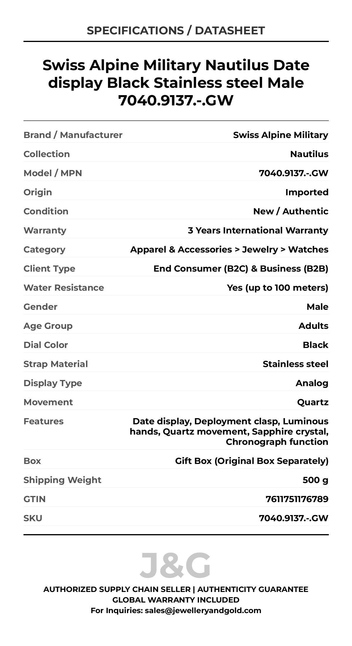 Swiss Alpine Military Nautilus Date display Black Stainless steel Male 7040.9137.-.GW - Specifications