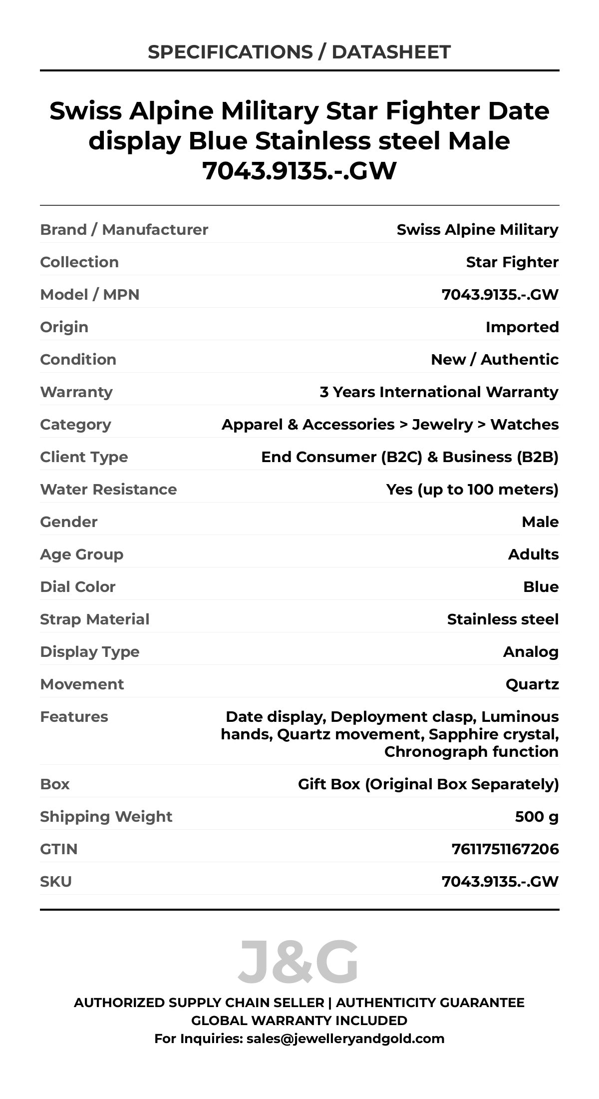 Swiss Alpine Military Star Fighter Date display Blue Stainless steel Male 7043.9135.-.GW - Specifications