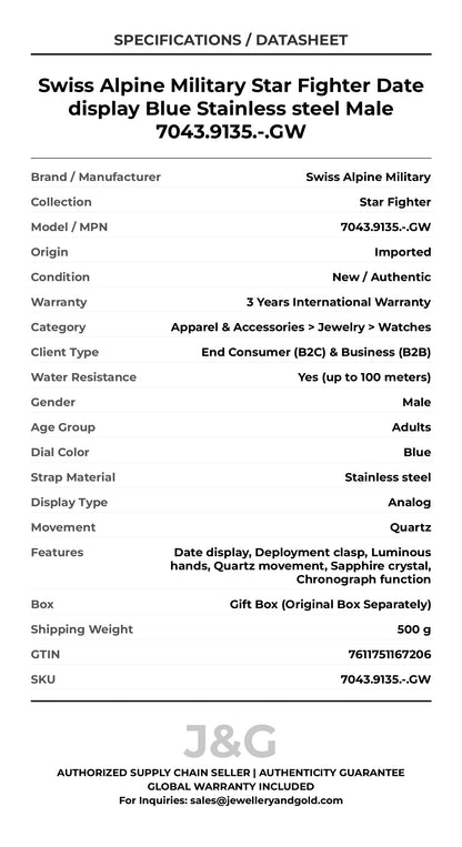 Swiss Alpine Military Star Fighter Date display Blue Stainless steel Male 7043.9135.-.GW - Specifications