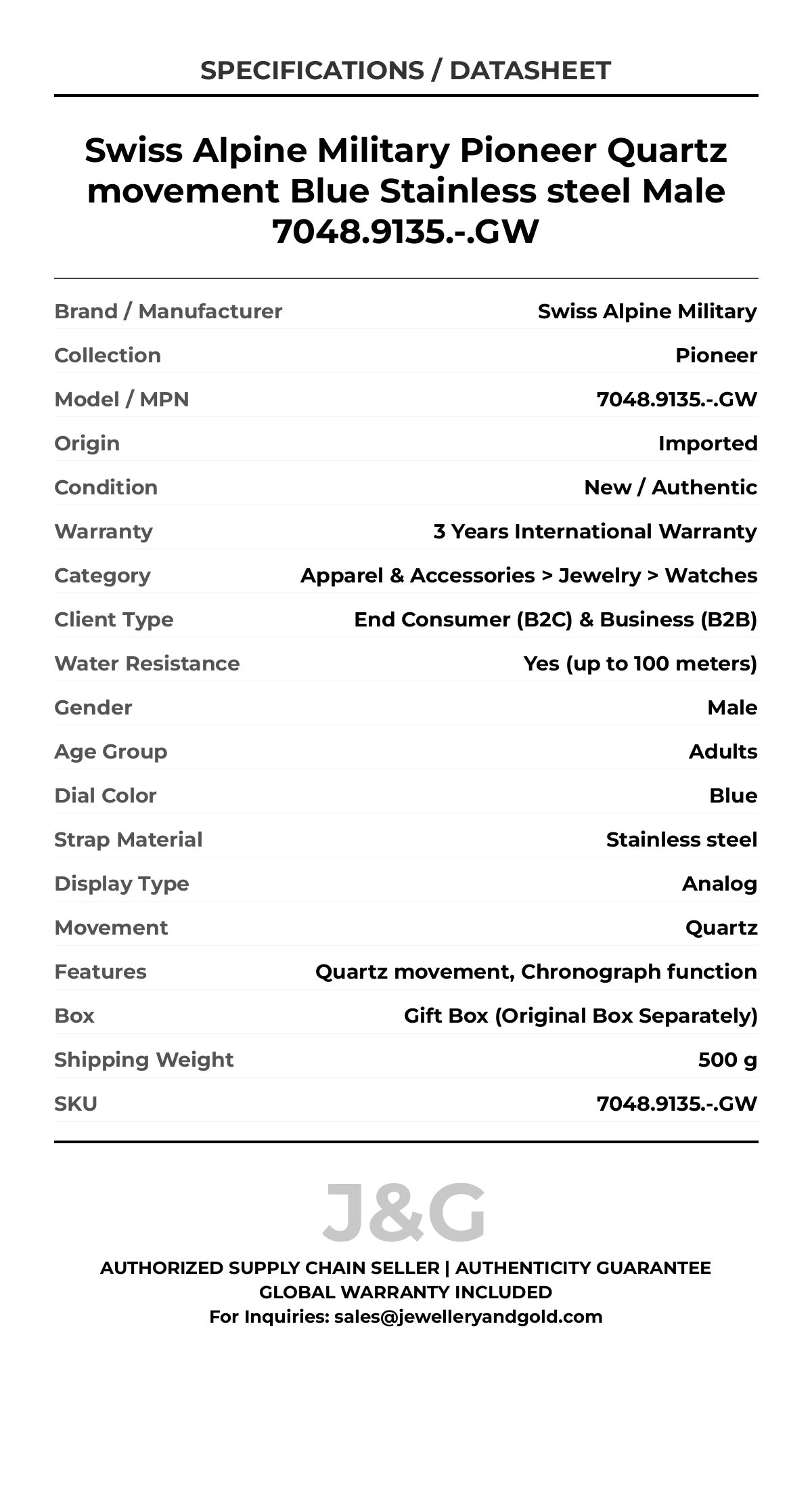 Swiss Alpine Military Pioneer Quartz movement Blue Stainless steel Male 7048.9135.-.GW - Specifications